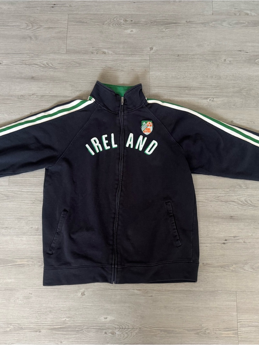 Vintage Ireland Zip-Front Black  Track Jacket with Green Trim